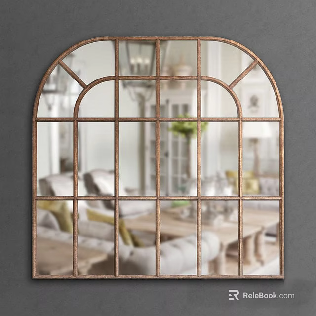 Arched Metal Framed Mirror Reflecting Living Room With Sofas And Plants 3d model