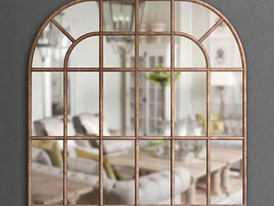 Arched Metal Framed Mirror Reflecting Living Room With Sofas And Plants 3d model