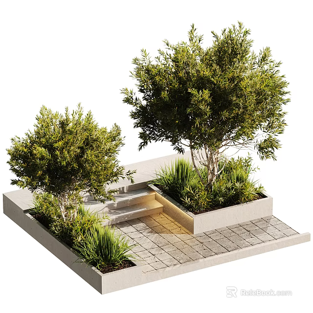 Modern Garden Landscape Design With Lush Trees Steps And Paved Ground 3d model 