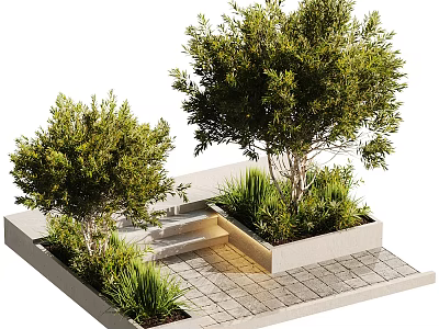 Modern Garden Landscape Design With Lush Trees Steps And Paved Ground 3d model