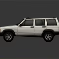 White Classic SUV With Roof Rack Black Wheels On Dark Reflective Surface