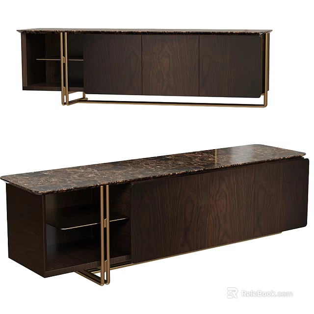 Modern Dark Brown Wooden Entryway And Side Cabinet With Gold Metal Frame And Storage Shelves 3d model 