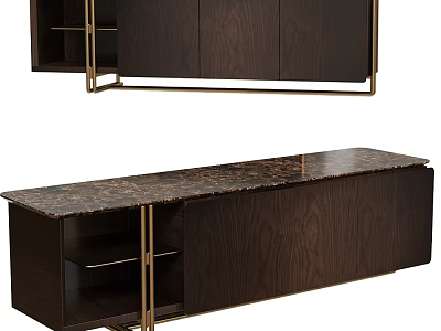 Modern Dark Brown Wooden Entryway And Side Cabinet With Gold Metal Frame And Storage Shelves 3d model