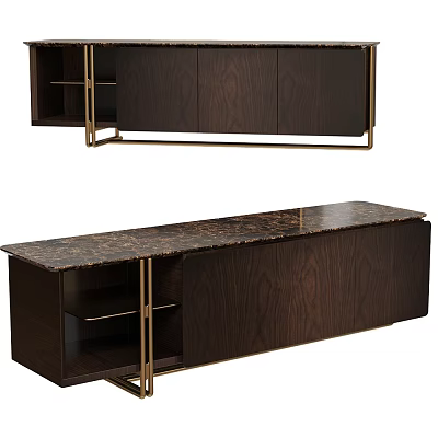 Modern Dark Brown Wooden Entryway And Side Cabinet With Gold Metal Frame And Storage Shelves 3d model