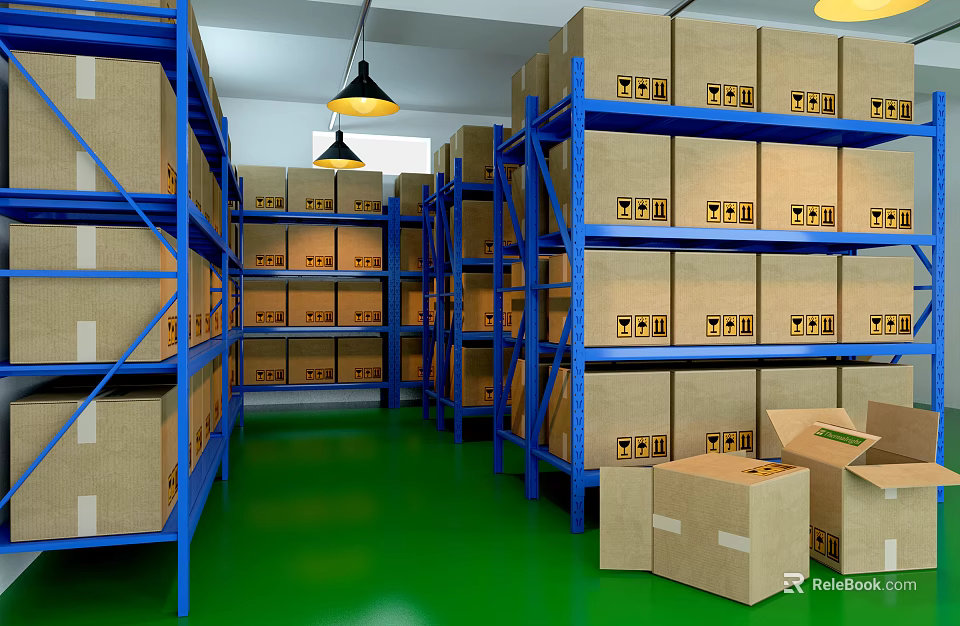 Warehouse Storage Space With Blue Metal Shelves Green Floor And Cardboard Boxes 3d model 