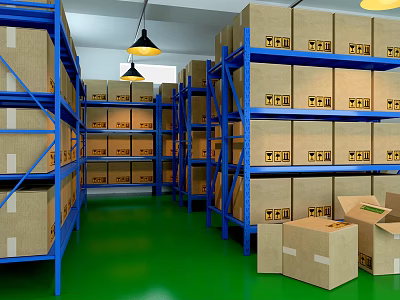 Warehouse Storage Space With Blue Metal Shelves Green Floor And Cardboard Boxes 3d model