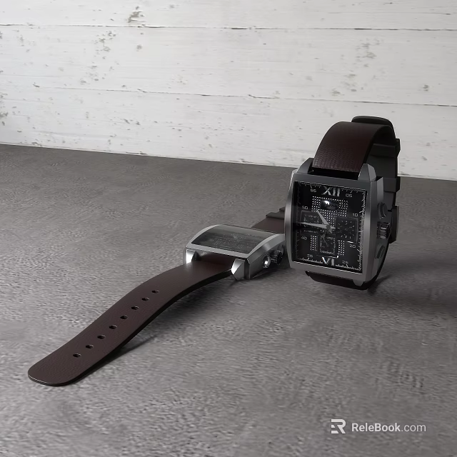 Modern Square Dial Watch With Brown Leather Strap And Metallic Case 3d model 