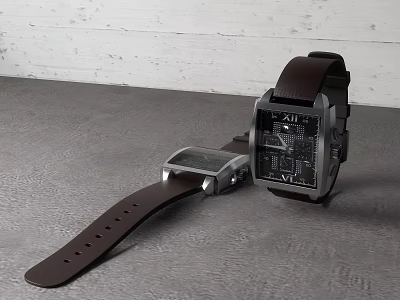 Modern Square Dial Watch With Brown Leather Strap And Metallic Case 3d model