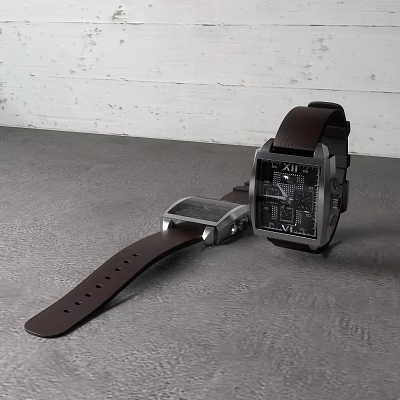 Modern Square Dial Watch With Brown Leather Strap And Metallic Case 3d model