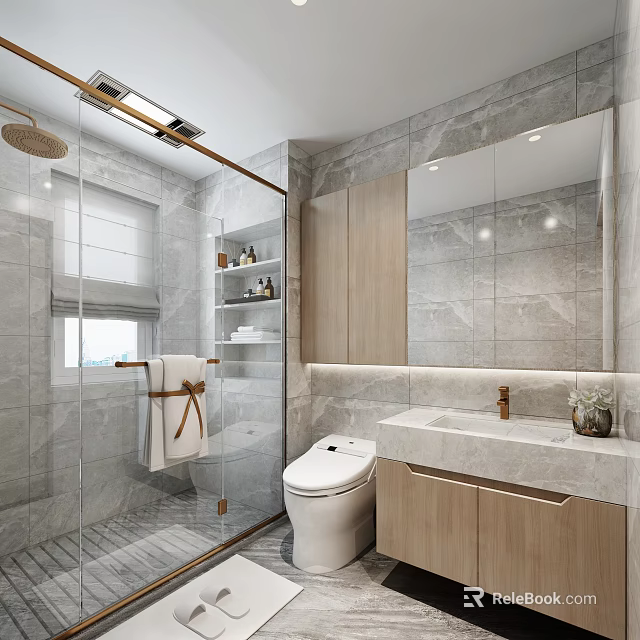 Modern Bathroom Interior Design With Glass Shower Toilet Marble Vanity And Wooden Cabinets 3d model 