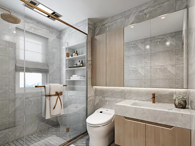 Modern Bathroom Interior Design With Glass Shower Toilet Marble Vanity And Wooden Cabinets 3d model