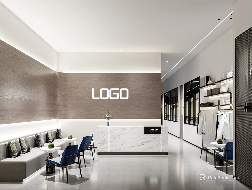 Modern Reception Area Featuring Wooden Wall LOGO Marble Counter Sofa Blue Chairs And Display Shelves 3d model 