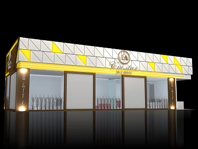 Modern Clothing Store Exterior with Yellow and White Geometric Patterns Sign and Illuminated Display Windows 3d model