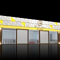 Modern Clothing Store Exterior with Yellow and White Geometric Patterns Sign and Illuminated Display Windows