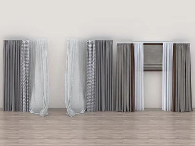 Gray And White Curtain Panels With Sheer Layers In Modern Room Interior 3d model