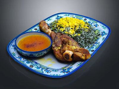 Roast Chicken Leg With Yellow Rice Green Vegetables And Sauce On Blue White Patterned Plate 3d model