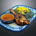 Roast Chicken Leg With Yellow Rice Green Vegetables And Sauce On Blue White Patterned Plate
