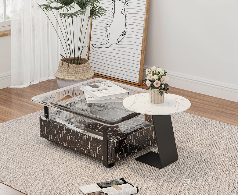 Modern Glass Top Coffee Table With Metal Frame And Flower Vase On Rug 3d model 