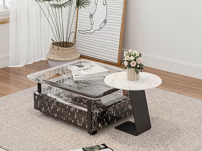 Modern Glass Top Coffee Table With Metal Frame And Flower Vase On Rug 3d model