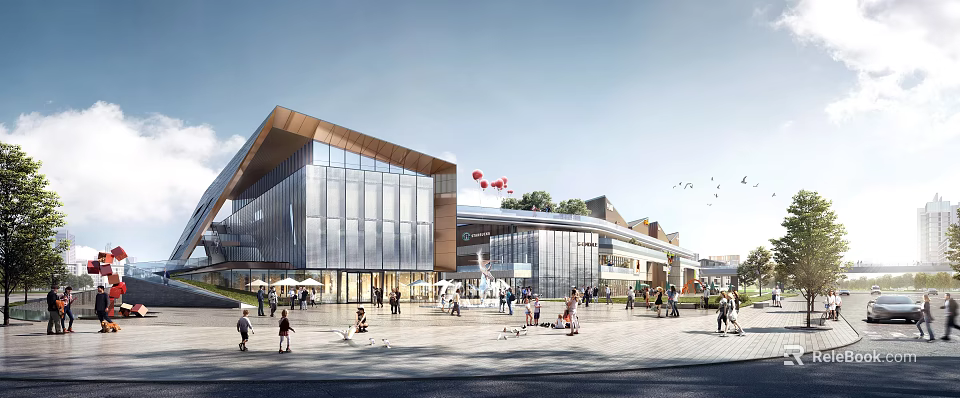 Modern Sales Office Building With Glass Curtain Wall Unique Roof And Plaza Crowd Gathering 3d model 