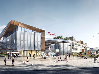 Modern Sales Office Building With Glass Curtain Wall Unique Roof And Plaza Crowd Gathering 3d model