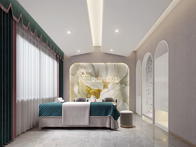 Modern Beauty Salon Interior With Decorative Wall Green Curtains And Beauty Bed 3d model