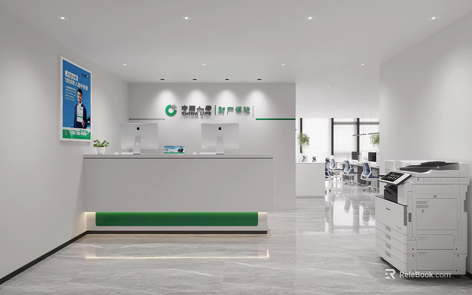 Modern Office Reception Area with White Desk Green Accent and Computers Plants in Clean Space 3d model 