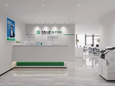 Modern Office Reception Area with White Desk Green Accent and Computers Plants in Clean Space 3d model