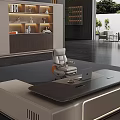 Modern Elegant Office Desk With Drawers Laptop Desk Lamp Bookshelf And Floor to Ceiling Window