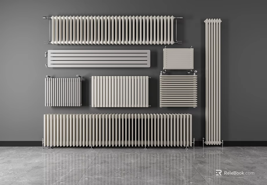 Various Styles of Modern Radiators Displayed on Gray Wall and Floor Surface 3d model 