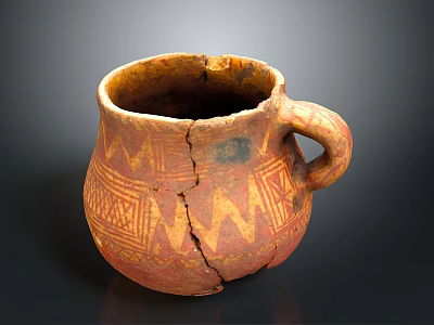 Ancient Cracked Pottery Sculpture With Intricate Geometric Patterns And Handle 3d model