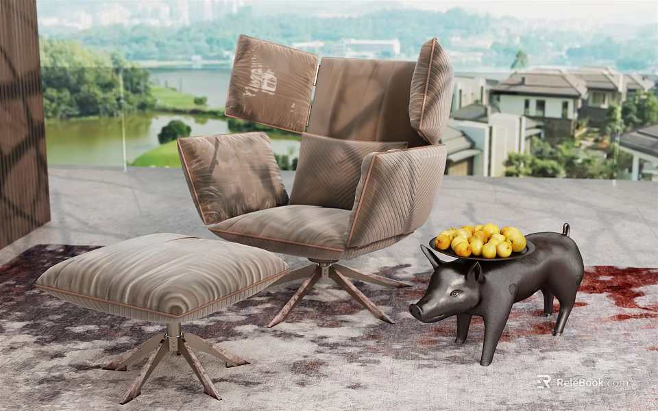 Elegant Brown Wingback Single Sofa with Matching Ottoman and Pig Shaped Decor Near Scenic View 3d model 