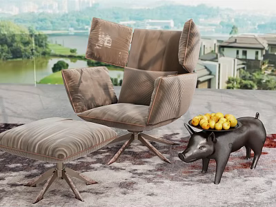 Elegant Brown Wingback Single Sofa with Matching Ottoman and Pig Shaped Decor Near Scenic View 3d model