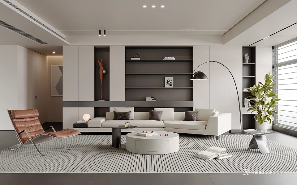 Modern Living Room Interior With White Sofa Grey Bookshelves Floor Lamp And Round Coffee Table 3d model 