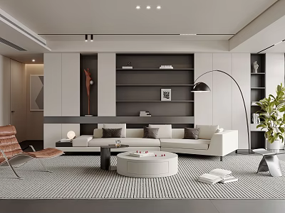 Modern Living Room Interior With White Sofa Grey Bookshelves Floor Lamp And Round Coffee Table 3d model