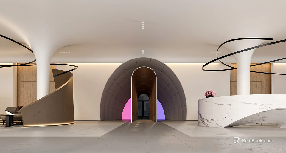 Modern Luxury Front Desk Reception With Curved Archway Marble Counter Circular Decorations And Purple Lighting 3d model 
