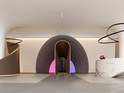 Modern Luxury Front Desk Reception With Curved Archway Marble Counter Circular Decorations And Purple Lighting 3d model