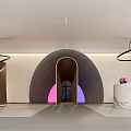 Modern Luxury Front Desk Reception With Curved Archway Marble Counter Circular Decorations And Purple Lighting