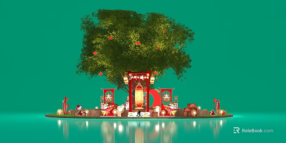 Traditional Red Decorations On Green Tree With Hanging Lanterns And Water Reflection 3d model