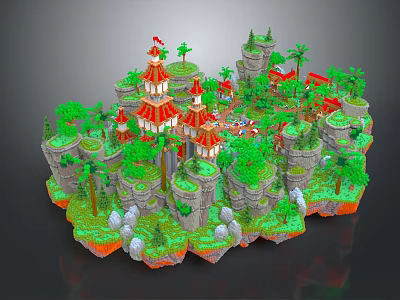 Cartoon Island Scene with Red Roofed Towers Green Palm Trees Stone Structures and Lush Grass 3d model