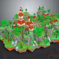 Cartoon Island Scene with Red Roofed Towers Green Palm Trees Stone Structures and Lush Grass