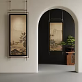Traditional Chinese Interior With Scroll Paintings Archway And Bonsai Tree