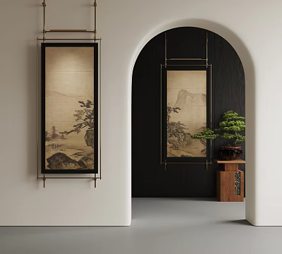 Traditional Chinese Interior With Scroll Paintings Archway And Bonsai Tree 3d model