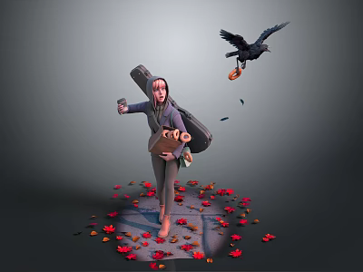 Girl Holding Cup And Notebook Standing Among Red Orange Fallen Leaves With Flying Crow 3d model