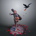Girl Holding Cup And Notebook Standing Among Red Orange Fallen Leaves With Flying Crow