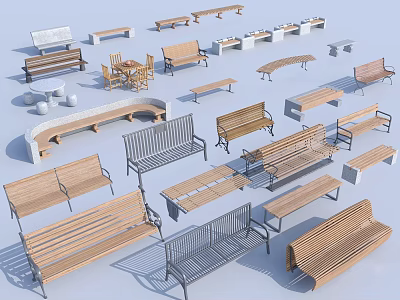 Various Outdoor Chairs And Benches With Wooden And Metal Designs For Outdoor Spaces 3d model