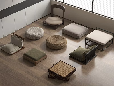 Stylish Low Seating Furniture Collection With Various Cushion Designs On Wooden Floor 3d model