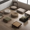 Stylish Low Seating Furniture Collection With Various Cushion Designs On Wooden Floor