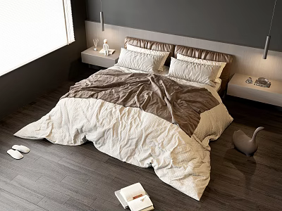 Modern Double Bed with Brown Beige Bedspread Bedside Tables and Table Lamps 3d model