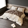 Modern Double Bed with Brown Beige Bedspread Bedside Tables and Table Lamps